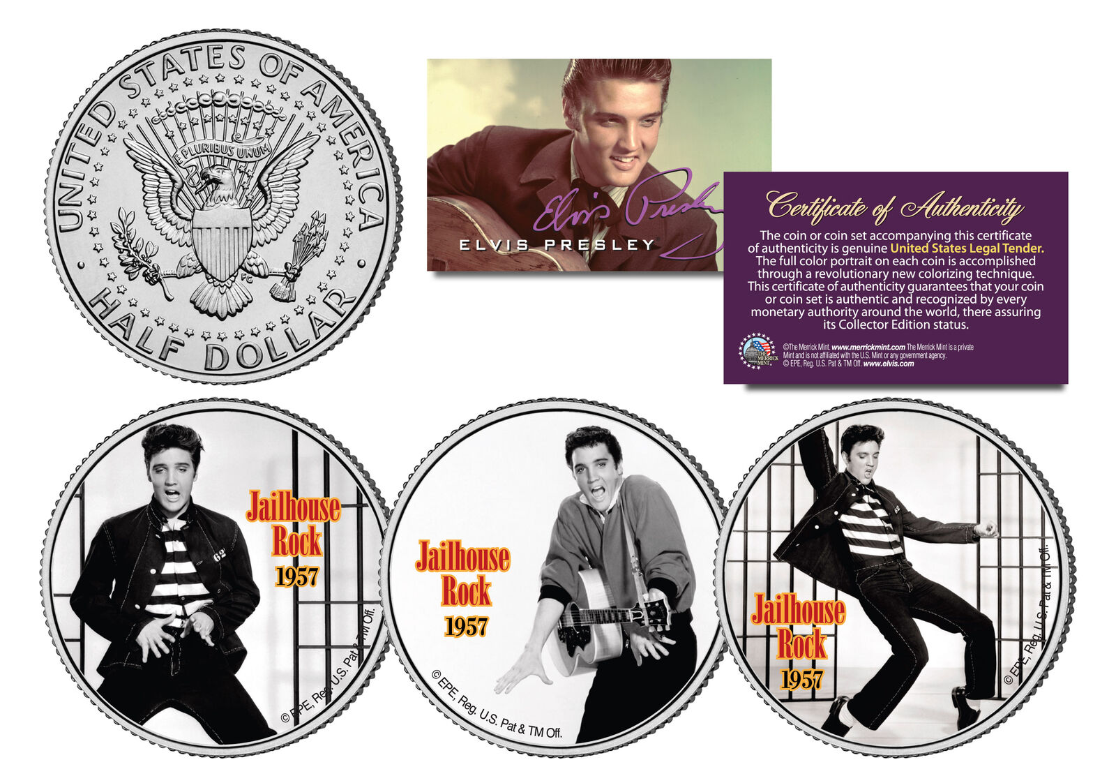 Elvis Presley *jailhouse Rock* Colorized Jfk Half Dollar Us 3-coin Set Licensed
